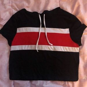 FEATHERS Red, Black & White Crop Top With Hoodie